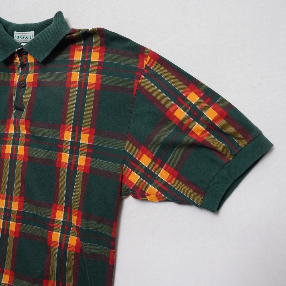 IZOD Plaid Polo Shirt Mens Medium Green Red Yellow Golf Preppy Vintage Style - Picture 8 of 14